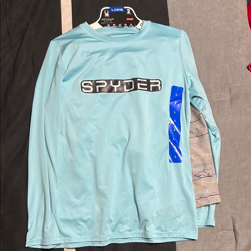Spyder Boy’s Light Blue Long Sleeve rash guard shirt and swim trunks